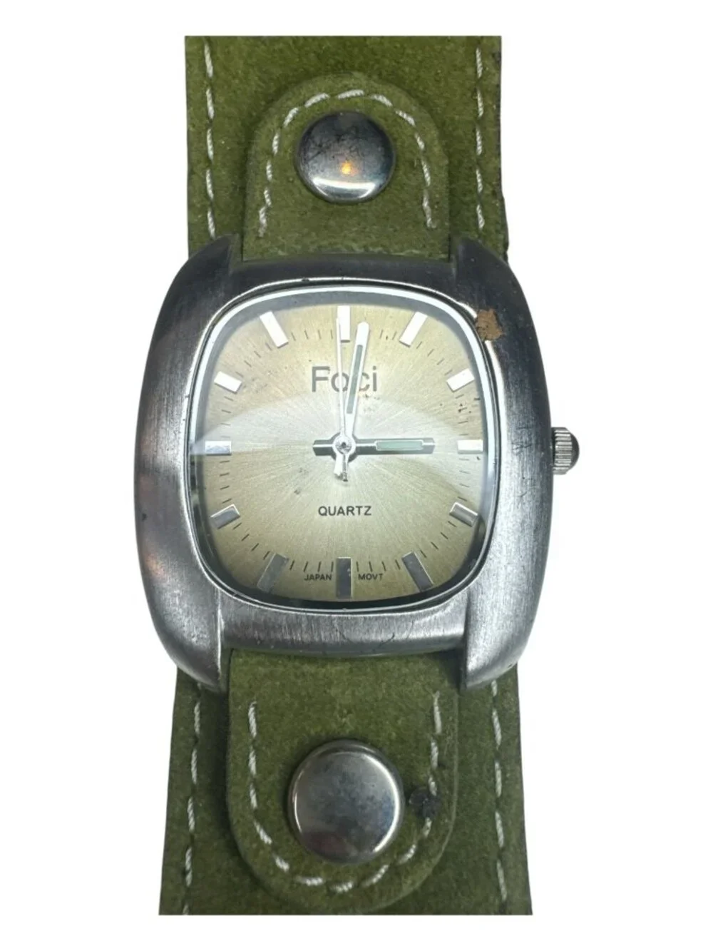 Foci Quartz Watch With Green Suede Band & Gold Dial Vintage Look